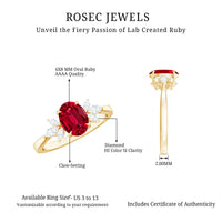 Oval lab-created ruby engagement ring with diamonds from Rosec Jewels, showcasing a 1.5 carat ruby center and sparkling accents.
