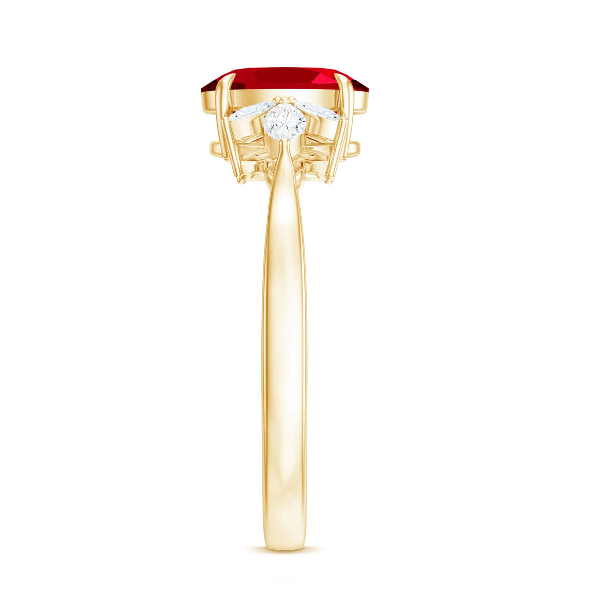Oval lab-created ruby engagement ring with 1.5 carats and diamond accents, featuring a polished rose gold band by Rosec Jewels