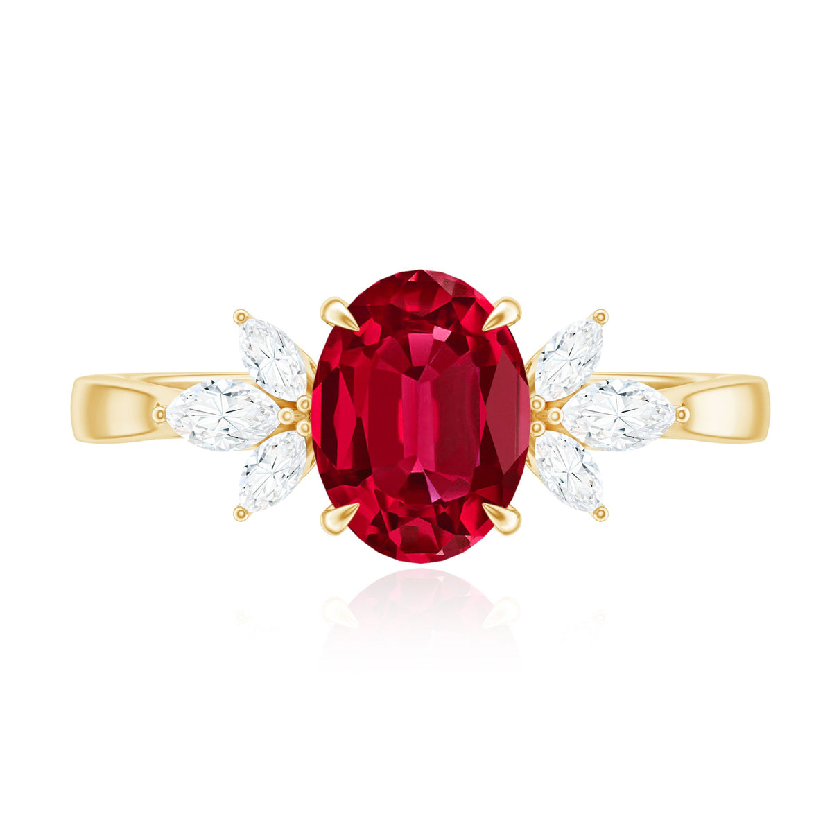 Oval lab-created ruby engagement ring with diamond accents, featuring a 1.5 carat ruby centerpiece and rose gold band.