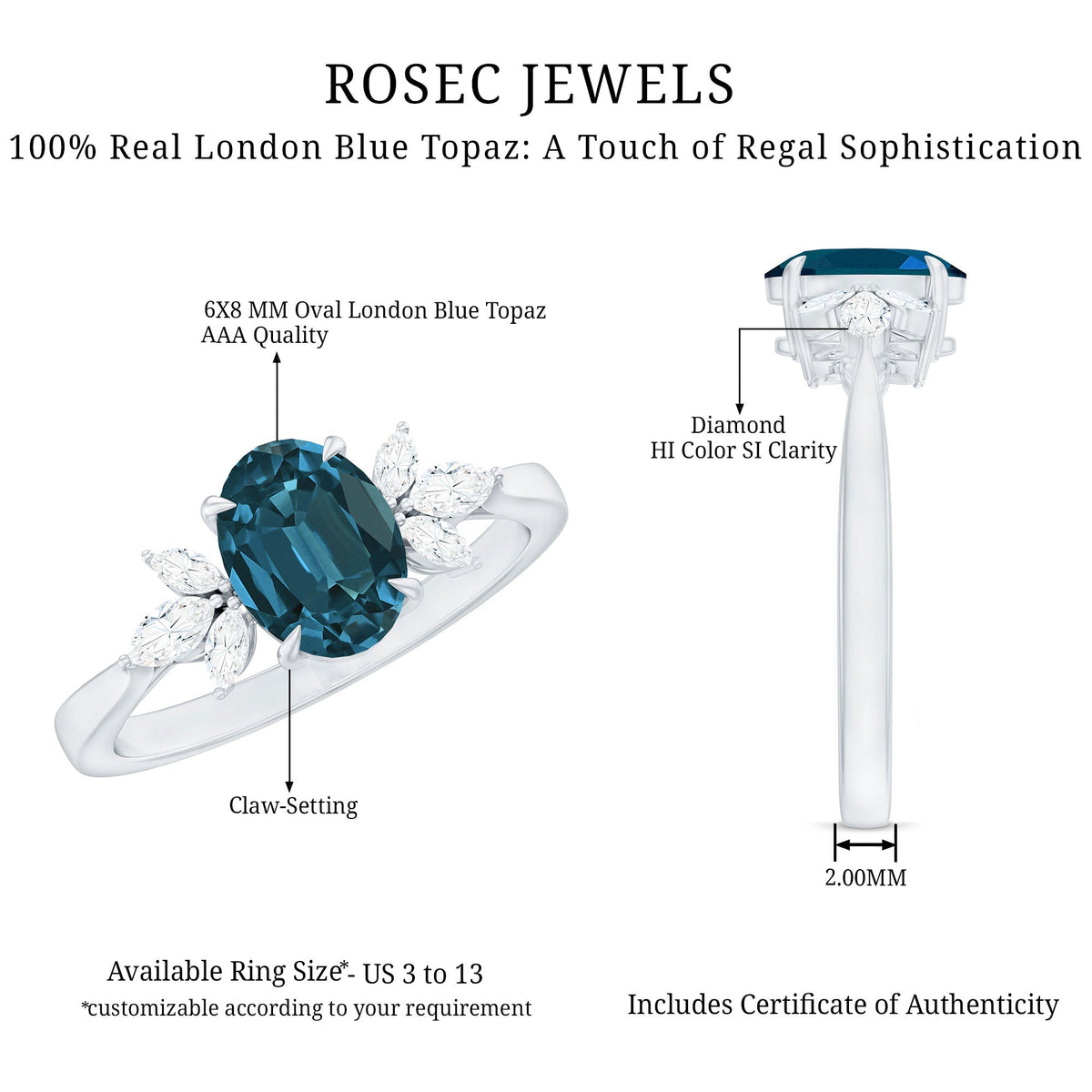 Oval Cut London Blue Topaz Engagement Ring with Diamond Trio
