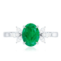 Natural 1.2 Carat Oval Emerald Engagement Ring with Diamond Trio