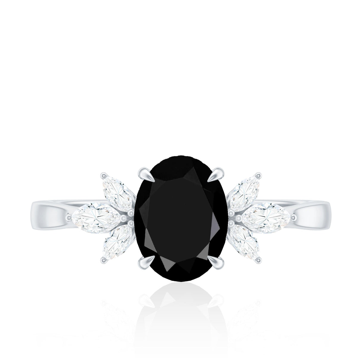 Oval Cut Black Onyx Engagement Ring with Diamond Trio