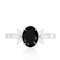Oval Cut Black Onyx Engagement Ring with Diamond Trio