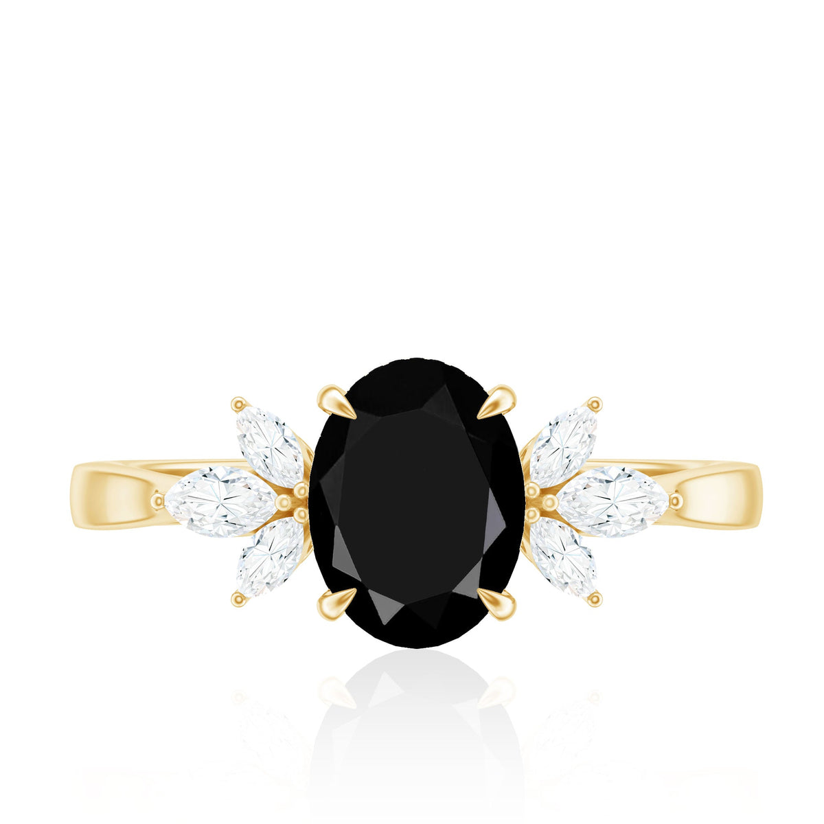 Oval Cut Black Onyx Engagement Ring with Diamond Trio
