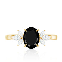 Oval Cut Black Onyx Engagement Ring with Diamond Trio
