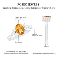 Certified Real 6X8mm Citrine Oval Engagement Ring with Diamond Trio