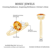 Certified Real 6X8mm Citrine Oval Engagement Ring with Diamond Trio