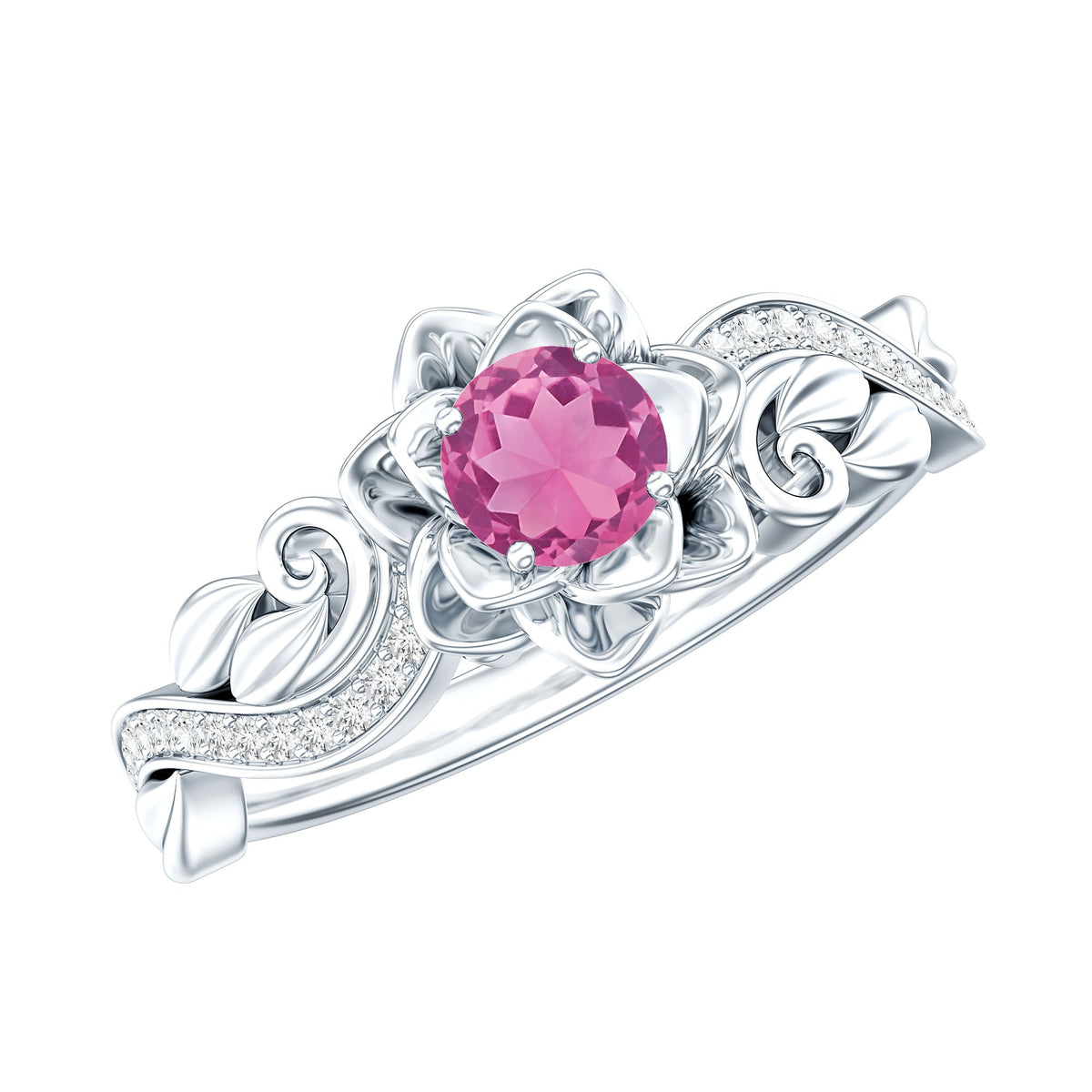 Nature-inspired pink tourmaline and diamond engagement ring by Rosec Jewels, showcasing a detailed floral design and sparkling gemstones.