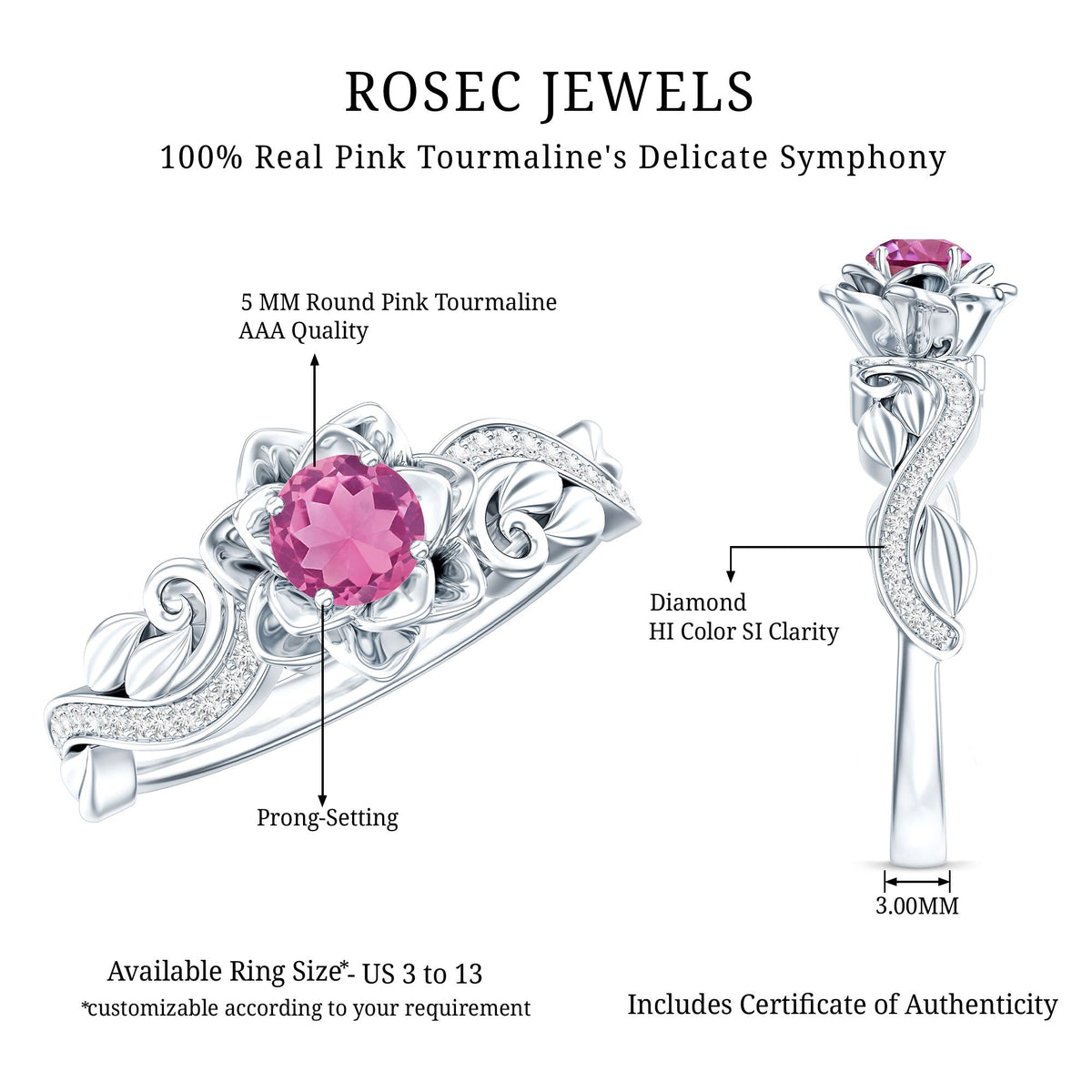 Nature-inspired pink tourmaline and diamond engagement ring by Rosec Jewels with detailed floral design and sparkling gemstones.