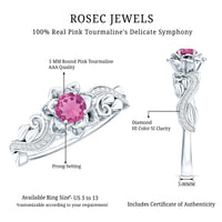 Nature-inspired pink tourmaline and diamond engagement ring by Rosec Jewels with detailed floral design and sparkling gemstones.