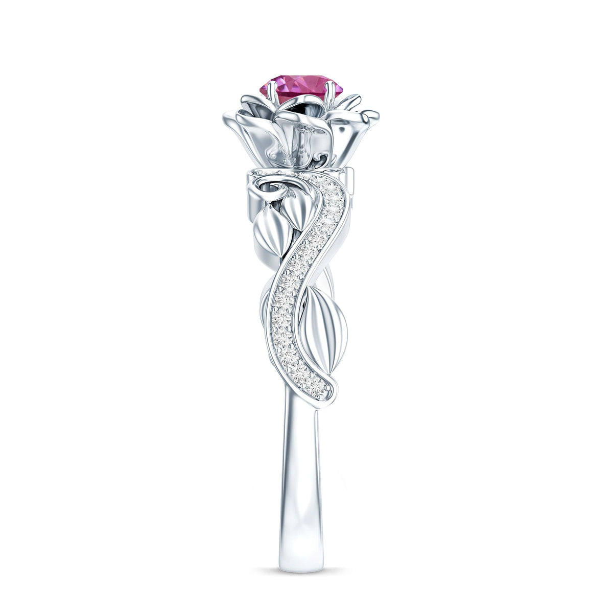 Rosec Jewels pink tourmaline and diamond engagement ring with nature-inspired design, featuring a vibrant pink gemstone and sparkling diamonds.