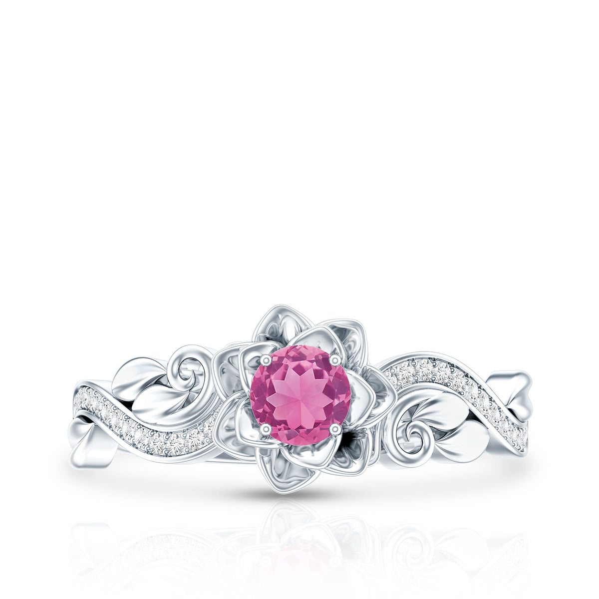 Rosec Jewels engagement ring featuring pink tourmaline and diamond accents, with a detailed view of the ring's design and gemstones.