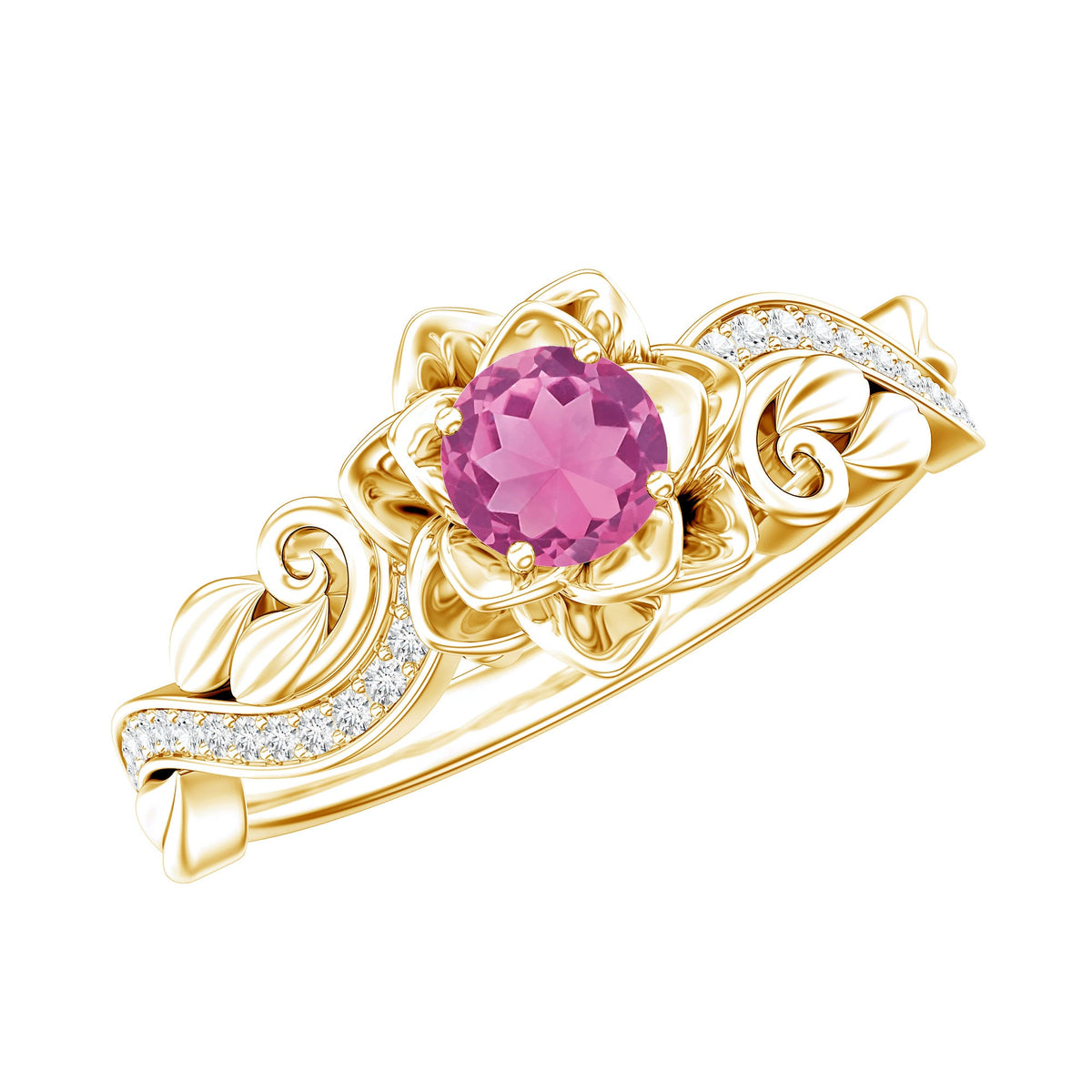 Pink tourmaline and diamond engagement ring by Rosec Jewels featuring a nature-inspired design and elegant band.