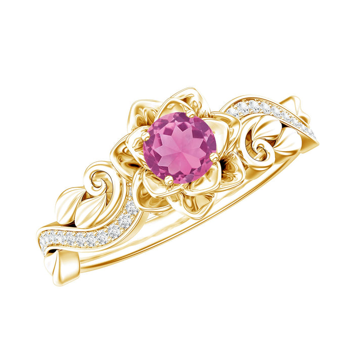 Pink tourmaline and diamond engagement ring by Rosec Jewels featuring a nature-inspired design and elegant band.