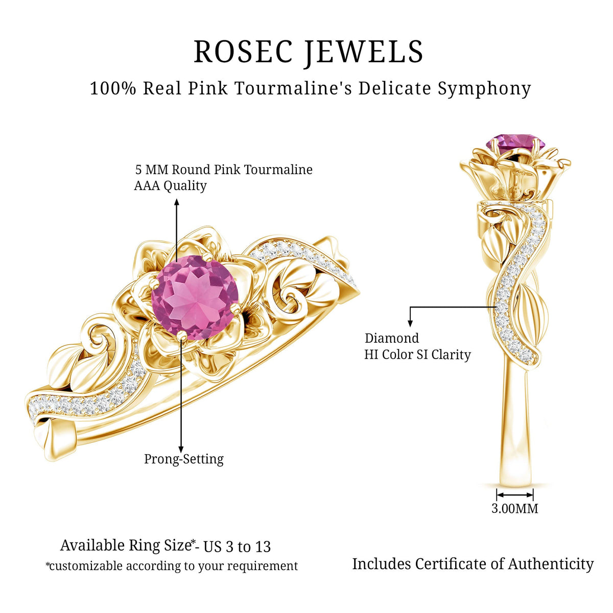 Nature-inspired pink tourmaline and diamond engagement ring by Rosec Jewels featuring intricate design and sparkling gemstones.