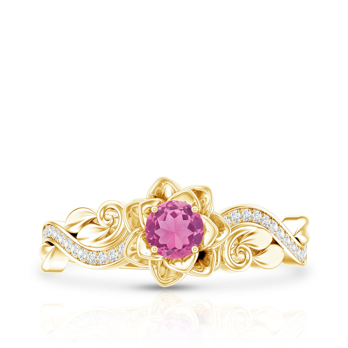 Pink tourmaline and diamond engagement ring from Rosec Jewels, featuring a nature-inspired design with intricate detailing.