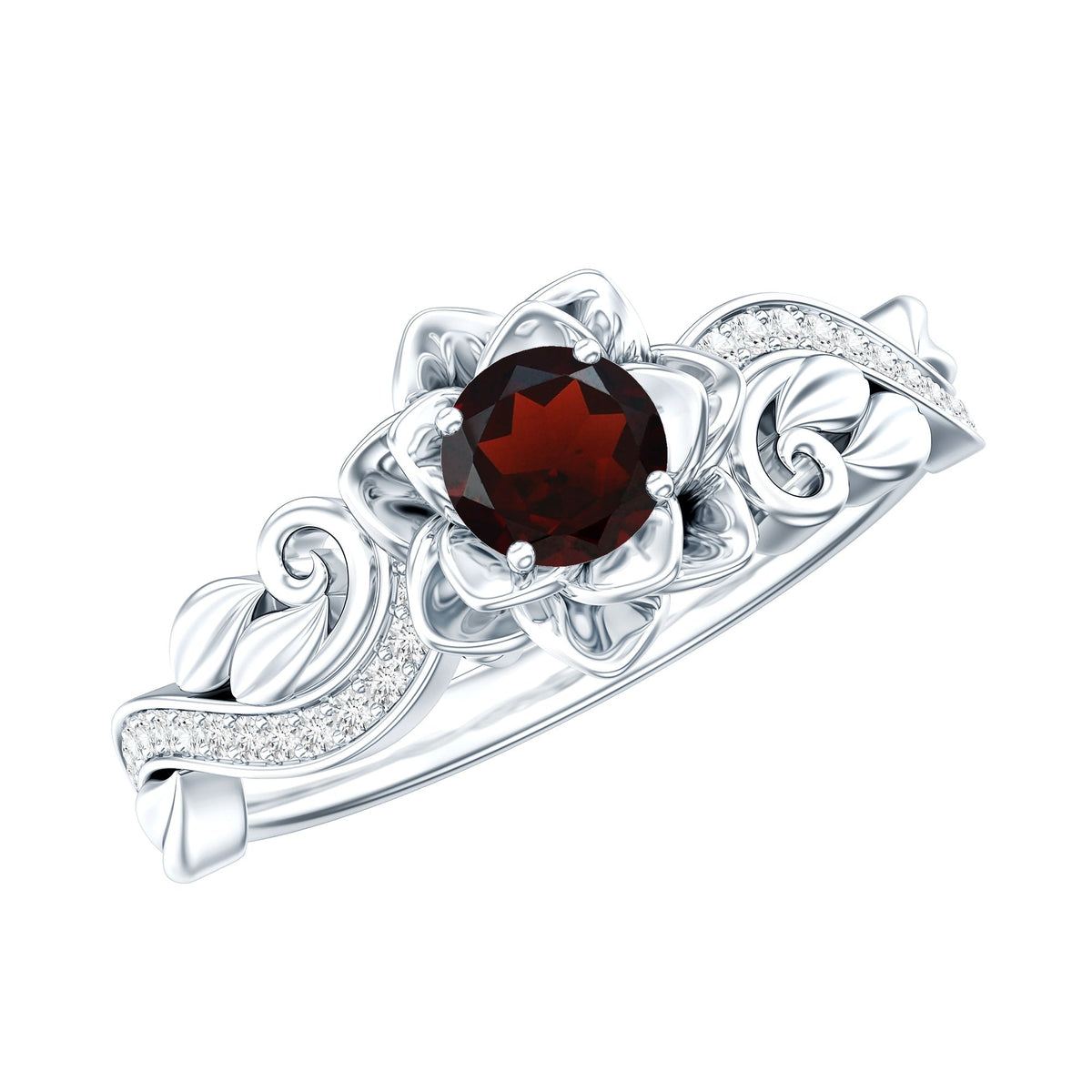 Certified natural garnet rose flower engagement ring with diamond accents, featuring intricate floral design and Rosec Jewels branding.