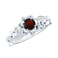 Certified natural garnet rose flower engagement ring with diamond accents, featuring intricate floral design and Rosec Jewels branding.