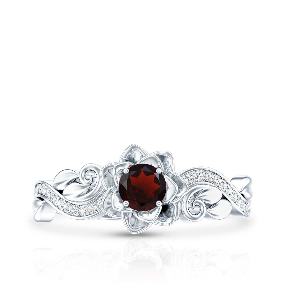 Certified natural garnet rose flower engagement ring with diamond accents by Rosec Jewels, featuring intricate floral design and sparkling stones.