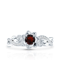 Certified natural garnet rose flower engagement ring with diamond accents by Rosec Jewels, featuring intricate floral design and sparkling stones.