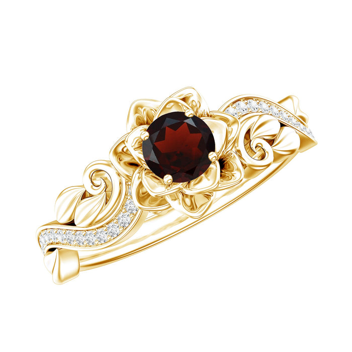 Certified natural garnet rose flower engagement ring with diamond accents, crafted by Rosec Jewels, featuring intricate floral design.