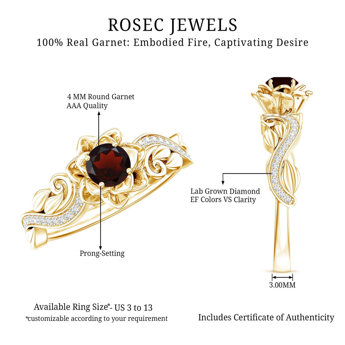 Certified natural garnet rose flower engagement ring with diamond accents from Rosec Jewels, showcasing a detailed floral design in gold.