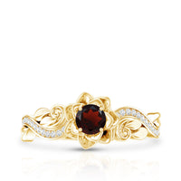 Certified natural garnet rose flower engagement ring with diamond accents by Rosec Jewels, showcasing intricate floral design and gemstones.