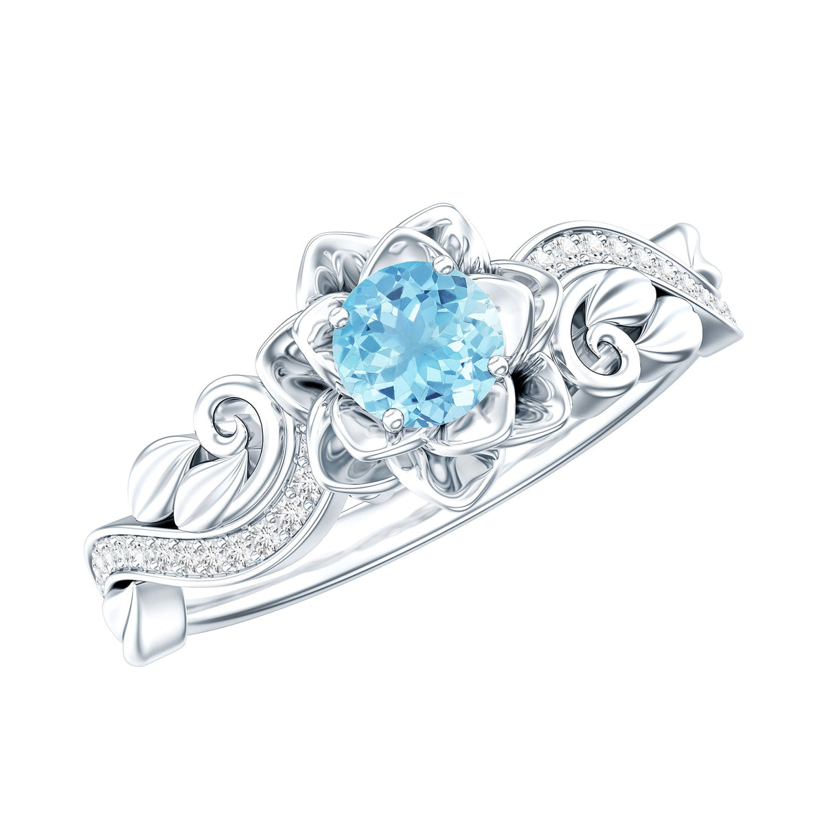 Natural aquamarine flower-inspired engagement ring with diamond accents by Rosec Jewels, showcasing intricate floral design and sparkling gemstones.