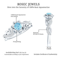 Natural aquamarine flower-inspired engagement ring with diamond accents by Rosec Jewels, showcasing intricate floral design and sparkling stones.