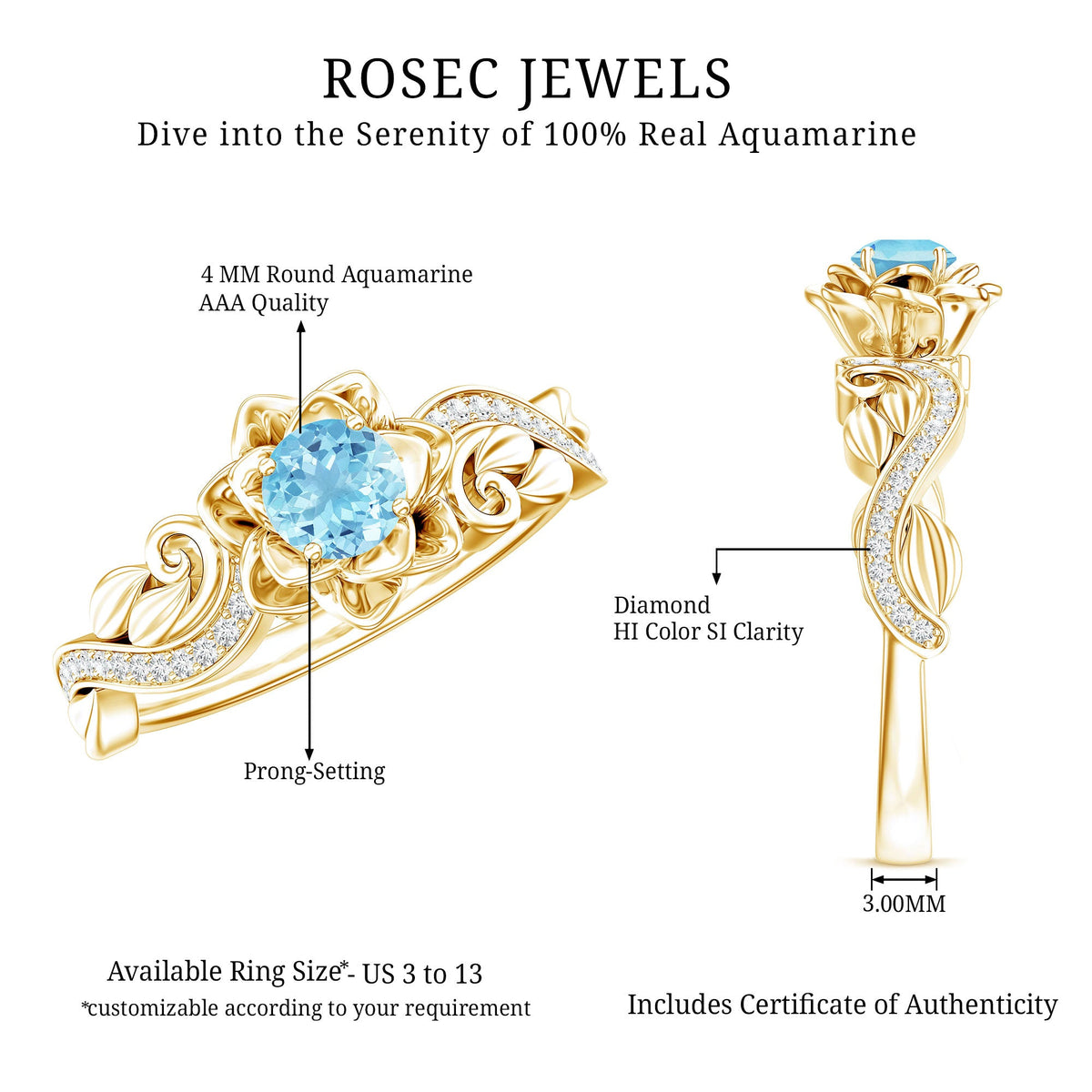 Natural aquamarine flower-inspired engagement ring with diamonds by Rosec Jewels, showcasing intricate floral design and sparkling gemstones.