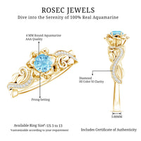 Natural aquamarine flower-inspired engagement ring with diamonds by Rosec Jewels, showcasing intricate floral design and sparkling gemstones.