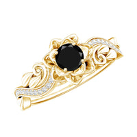Nature Inspired Black Onyx and Diamond Floral Engagement Ring