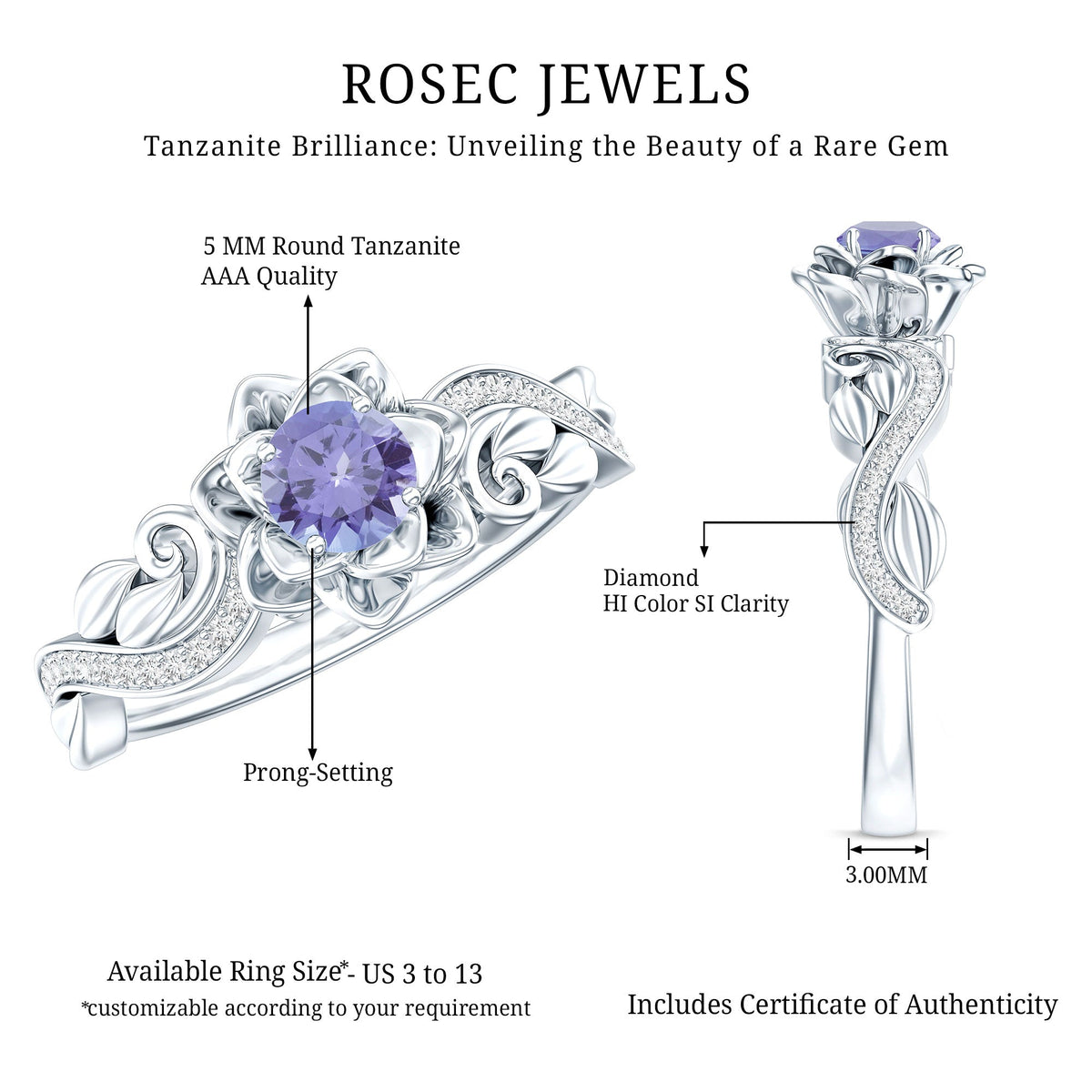 Nature-inspired Tanzanite and diamond engagement ring by Rosec Jewels featuring a vibrant tanzanite gemstone and sparkling diamonds.