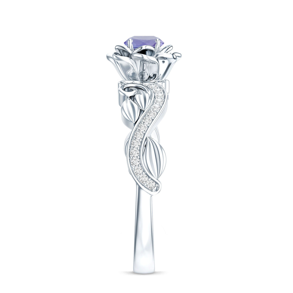 Nature-inspired Tanzanite engagement ring with diamonds from Rosec Jewels, featuring a detailed design and sparkling gemstones.
