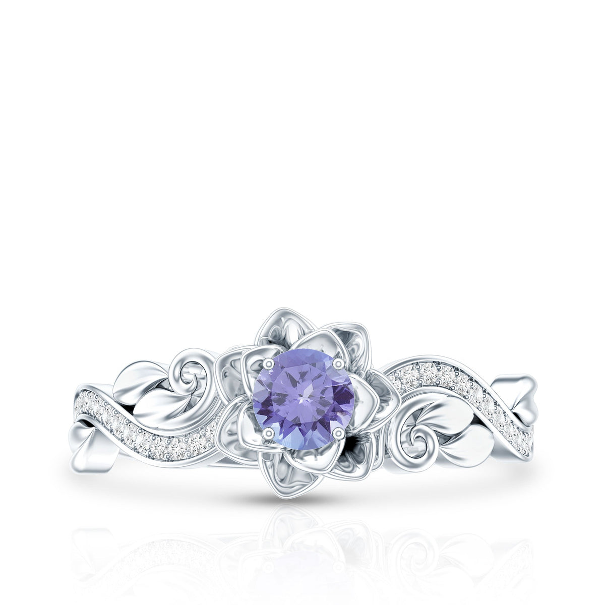 Nature-inspired Tanzanite engagement ring with diamond accents from Rosec Jewels, showcasing a detailed band and vibrant blue gemstone.