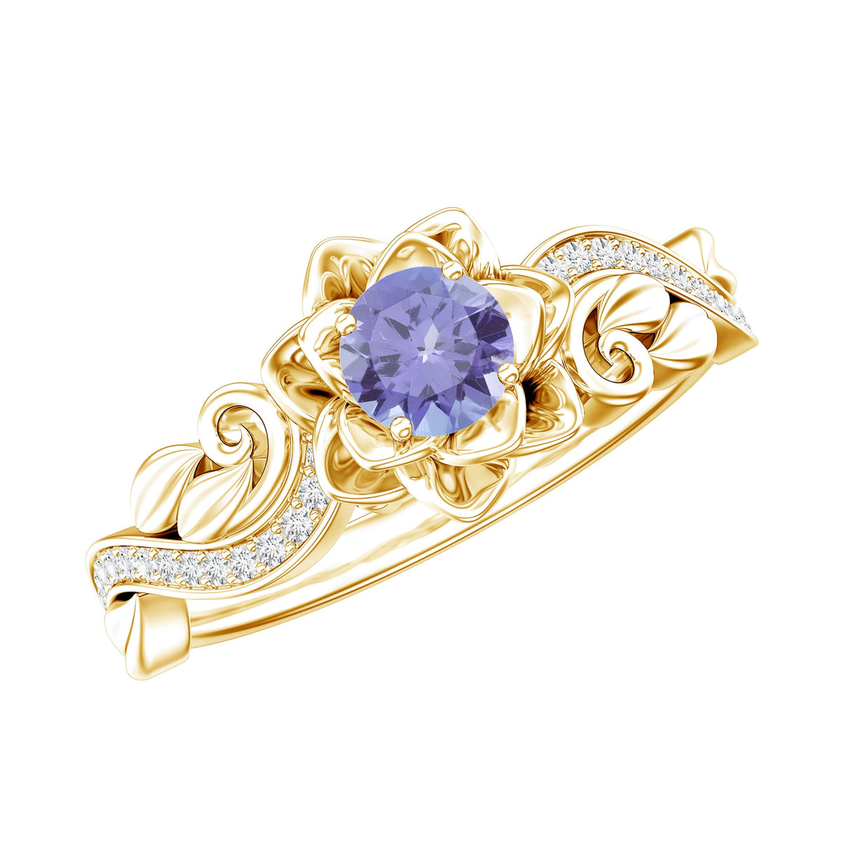 Nature-inspired Tanzanite engagement ring with diamond accents, crafted by Rosec Jewels, showcasing intricate design and sparkling gemstones.