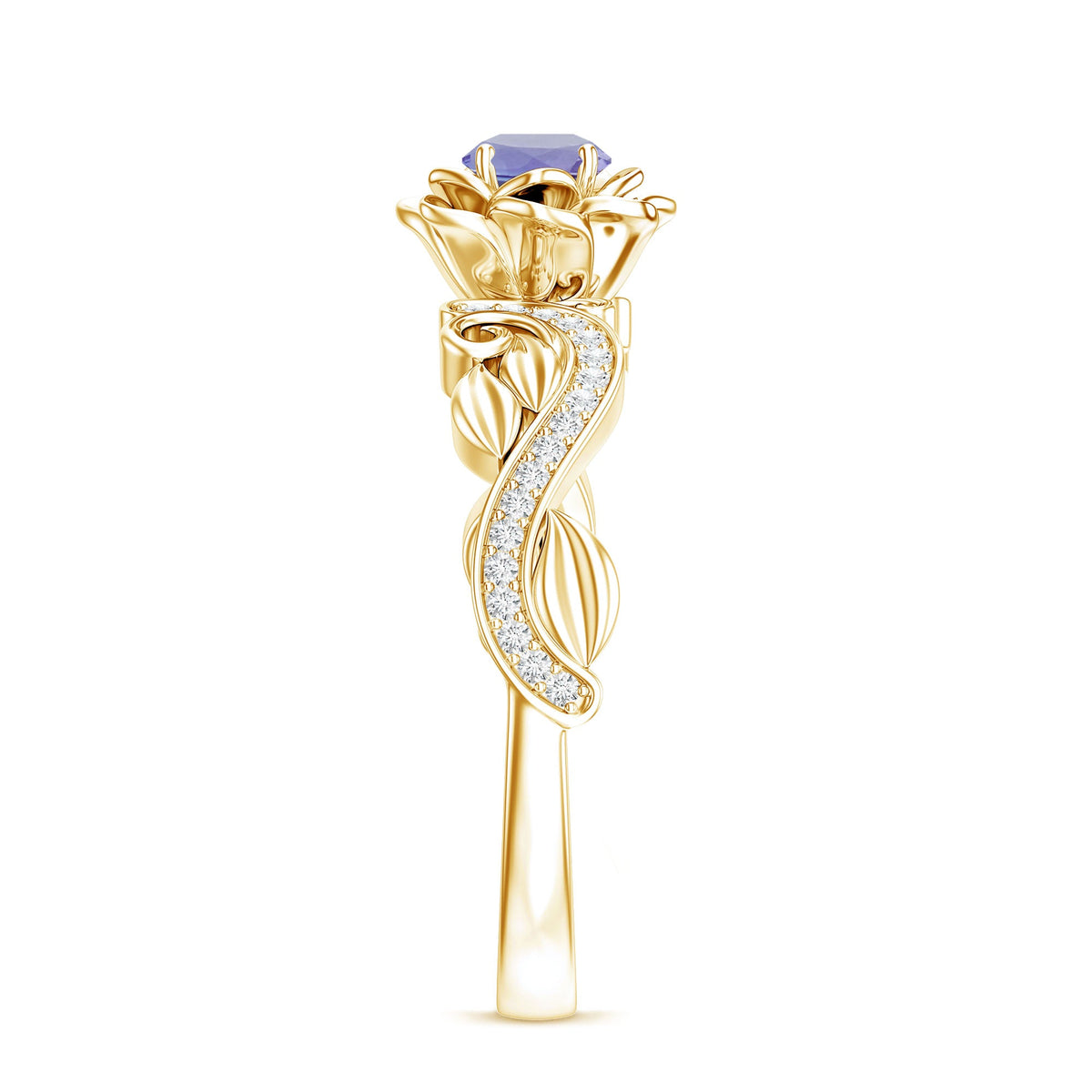 Nature-inspired Tanzanite engagement ring with diamond accents from Rosec Jewels, featuring a detailed band and vibrant blue gemstone.