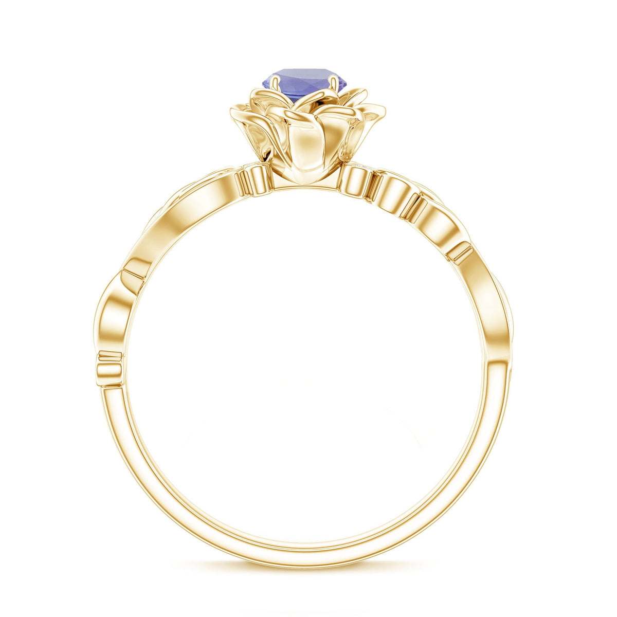 Nature-inspired Tanzanite engagement ring with diamond accents from Rosec Jewels, featuring a detailed floral design and sparkling gemstones.