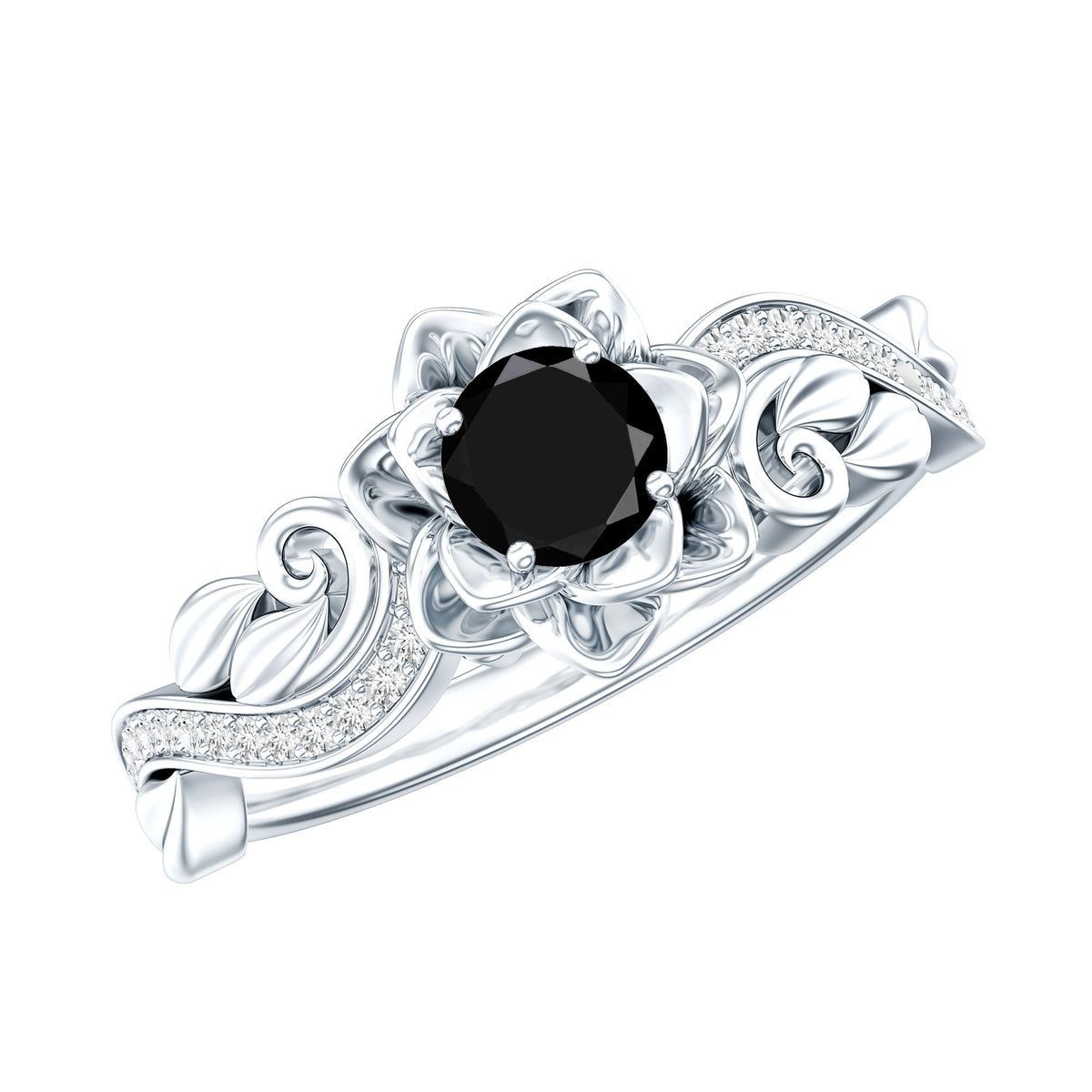 Black spinel blooming flower engagement ring with diamond accents from Rosec Jewels, showcasing intricate floral design and sparkling gemstones.
