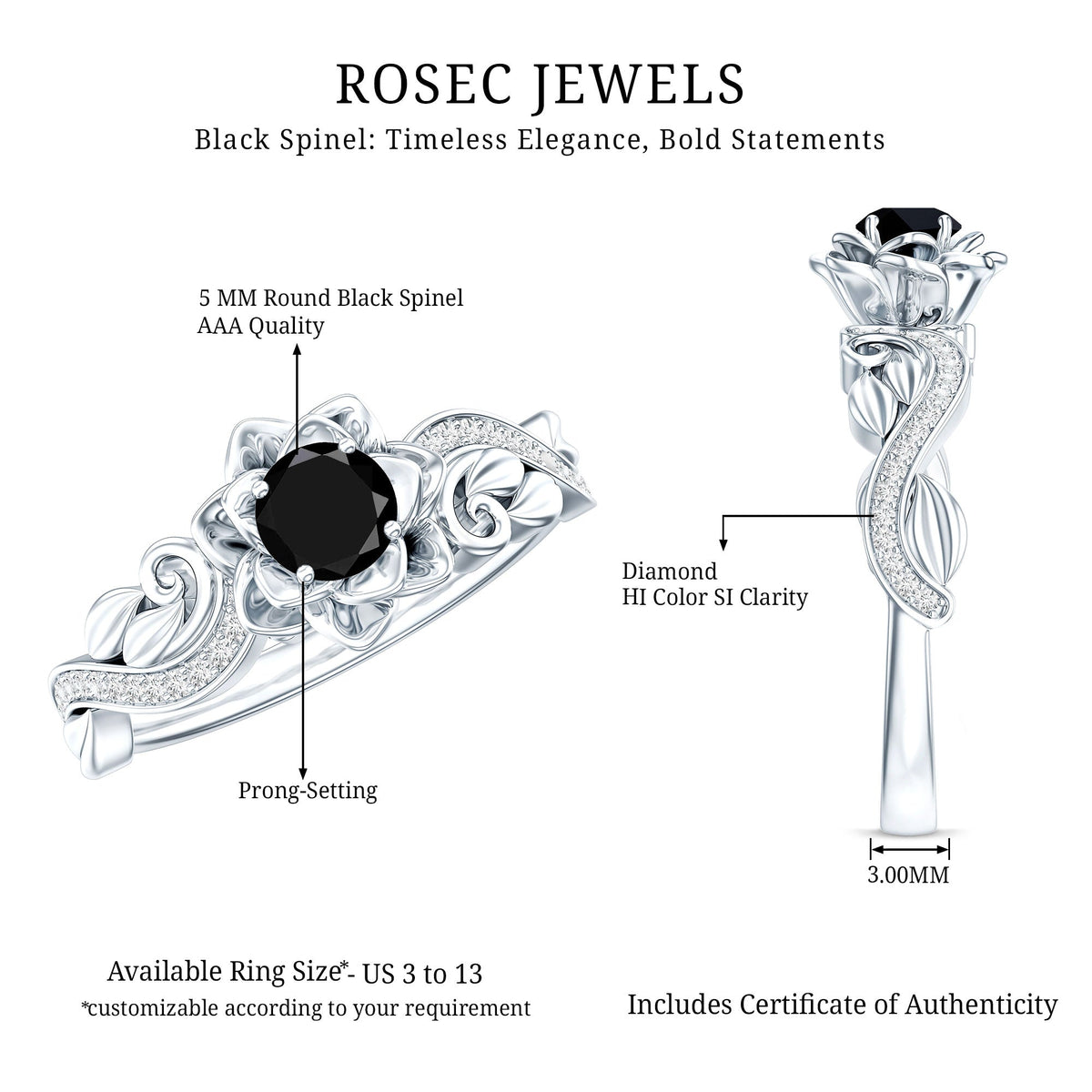Elegant black spinel blooming flower engagement ring with diamond accents by Rosec Jewels, showcasing intricate floral design and sparkling stones.