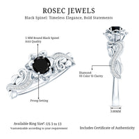 Elegant black spinel blooming flower engagement ring with diamond accents by Rosec Jewels, showcasing intricate floral design and sparkling stones.