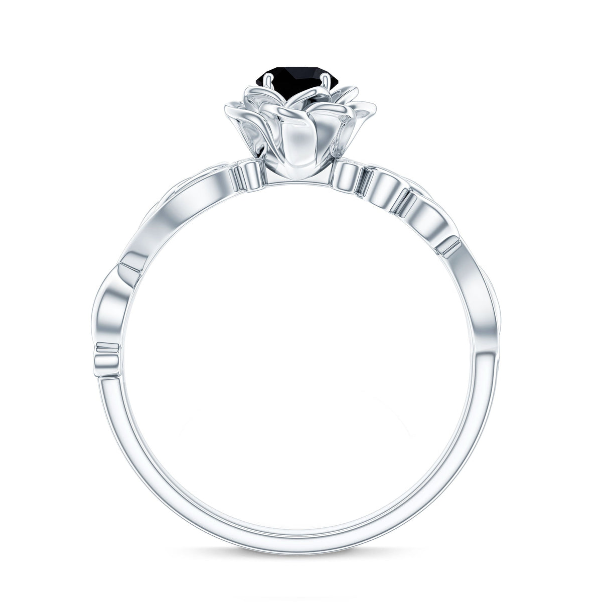 Black spinel blooming flower engagement ring with diamond accents by Rosec Jewels, featuring intricate floral design and sparkling stones.