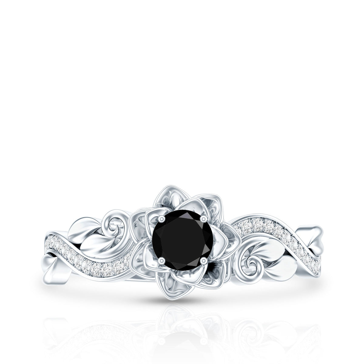 Black spinel blooming flower engagement ring with diamond accents from Rosec Jewels, showcasing intricate floral design and sparkling gemstones.