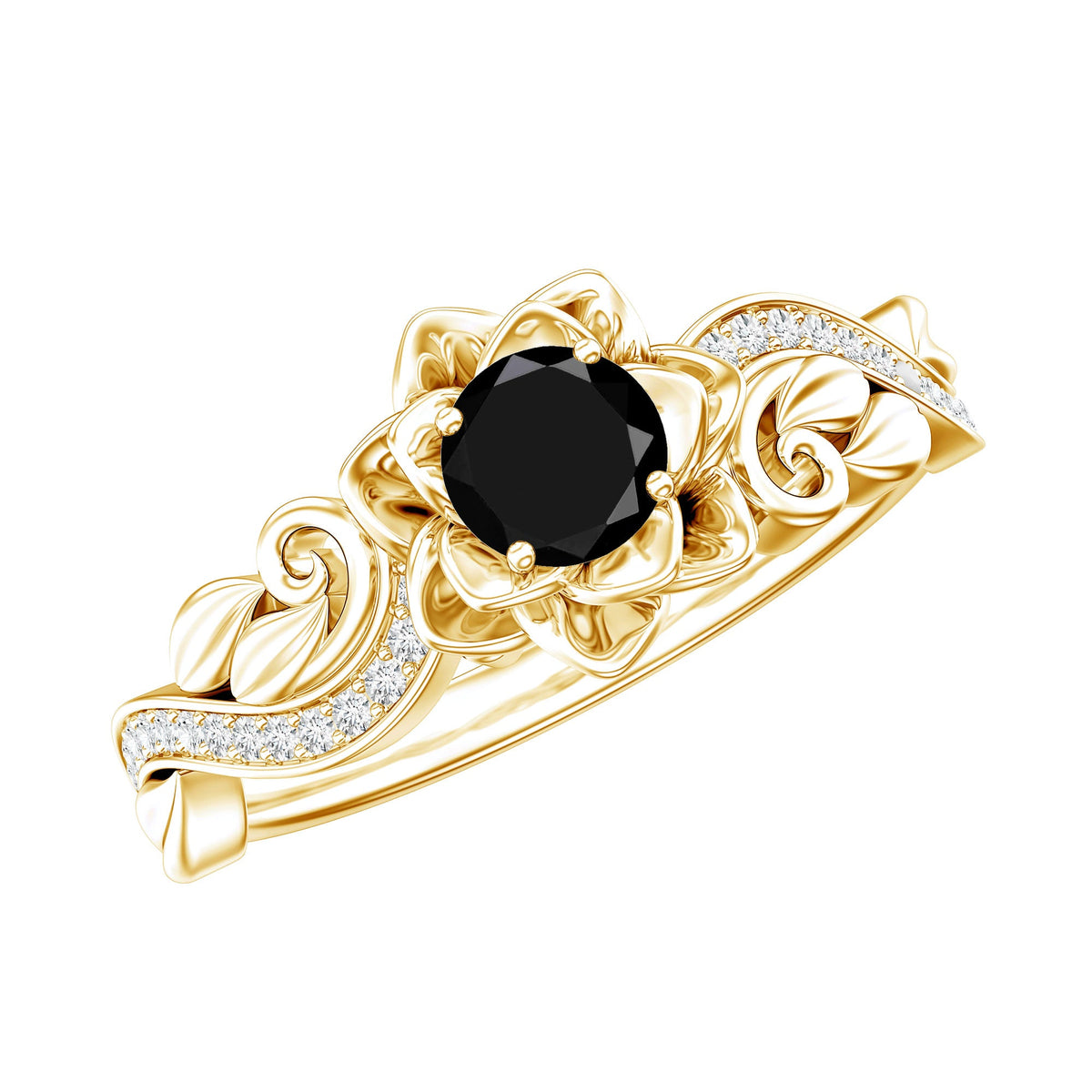 Black spinel blooming flower engagement ring with diamond accents by Rosec Jewels, showcasing intricate floral design and sparkling gemstones.