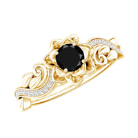 Black spinel blooming flower engagement ring with diamond accents by Rosec Jewels, showcasing intricate floral design and sparkling gemstones.