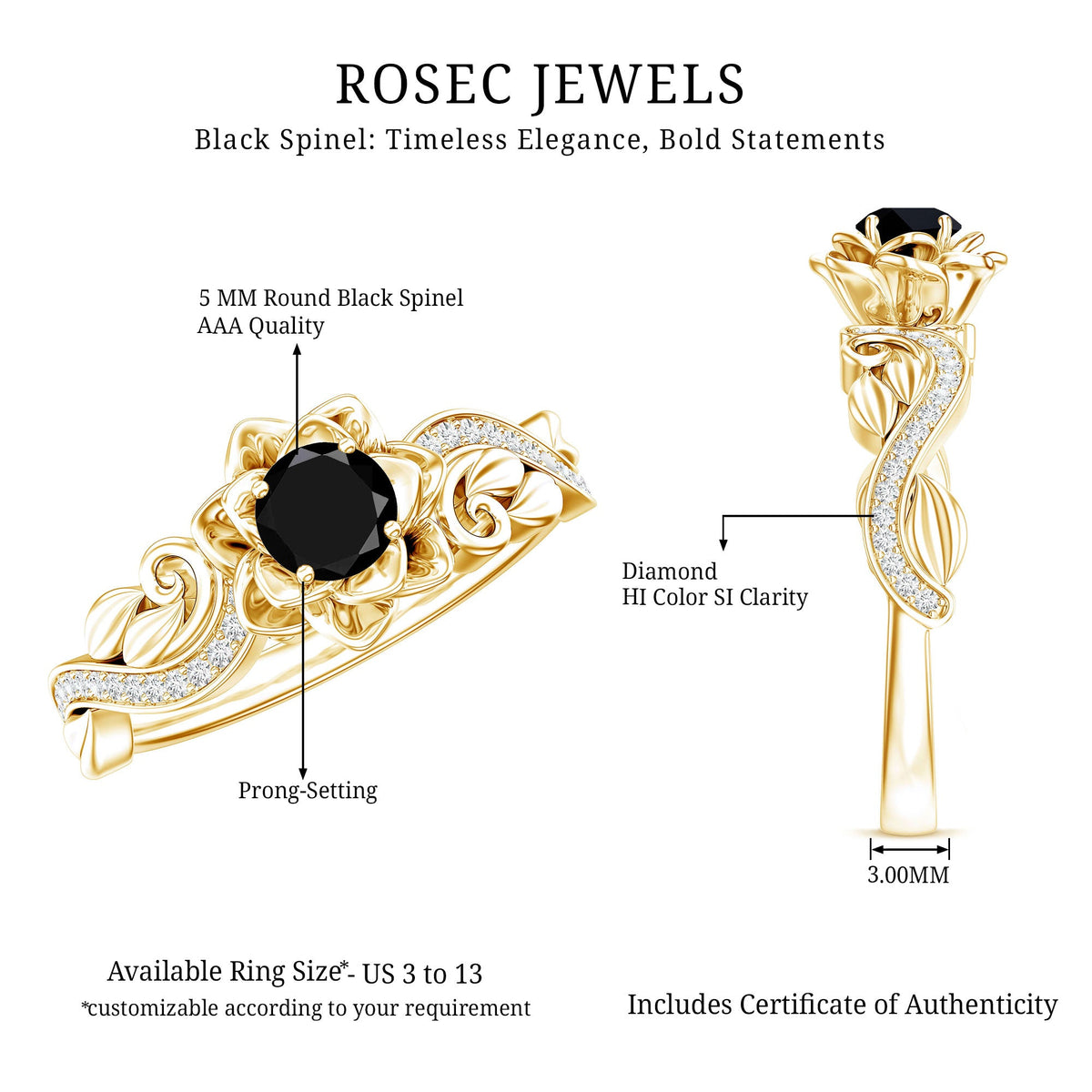 Black spinel blooming flower engagement ring with diamond accents, crafted by Rosec Jewels, featuring detailed floral design and elegant setting.