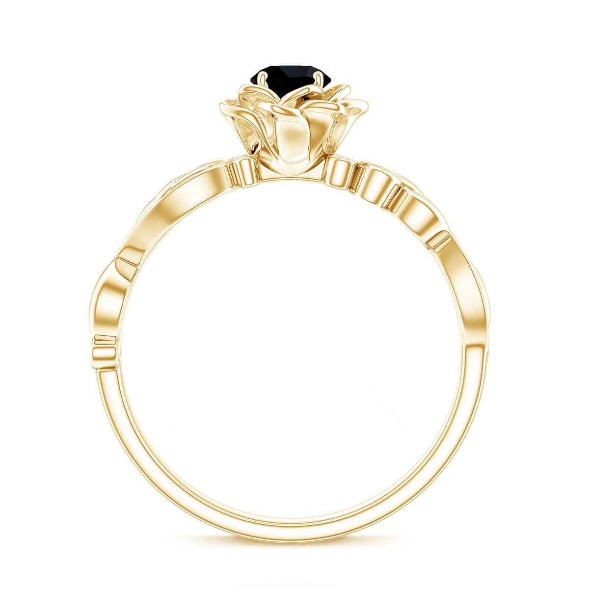 Black spinel blooming flower engagement ring with diamond accents, crafted by Rosec Jewels, showcasing intricate floral design.