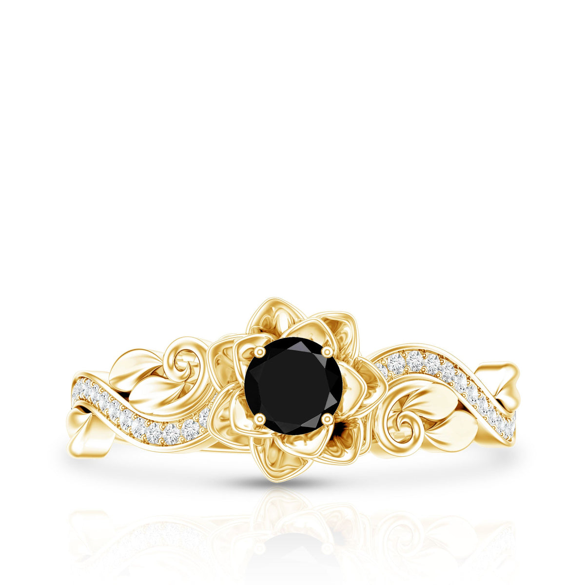 Black spinel blooming flower engagement ring with diamond accents, crafted by Rosec Jewels, featuring intricate floral design.