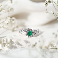Natural Emerald Flower Engagement Ring with Diamond