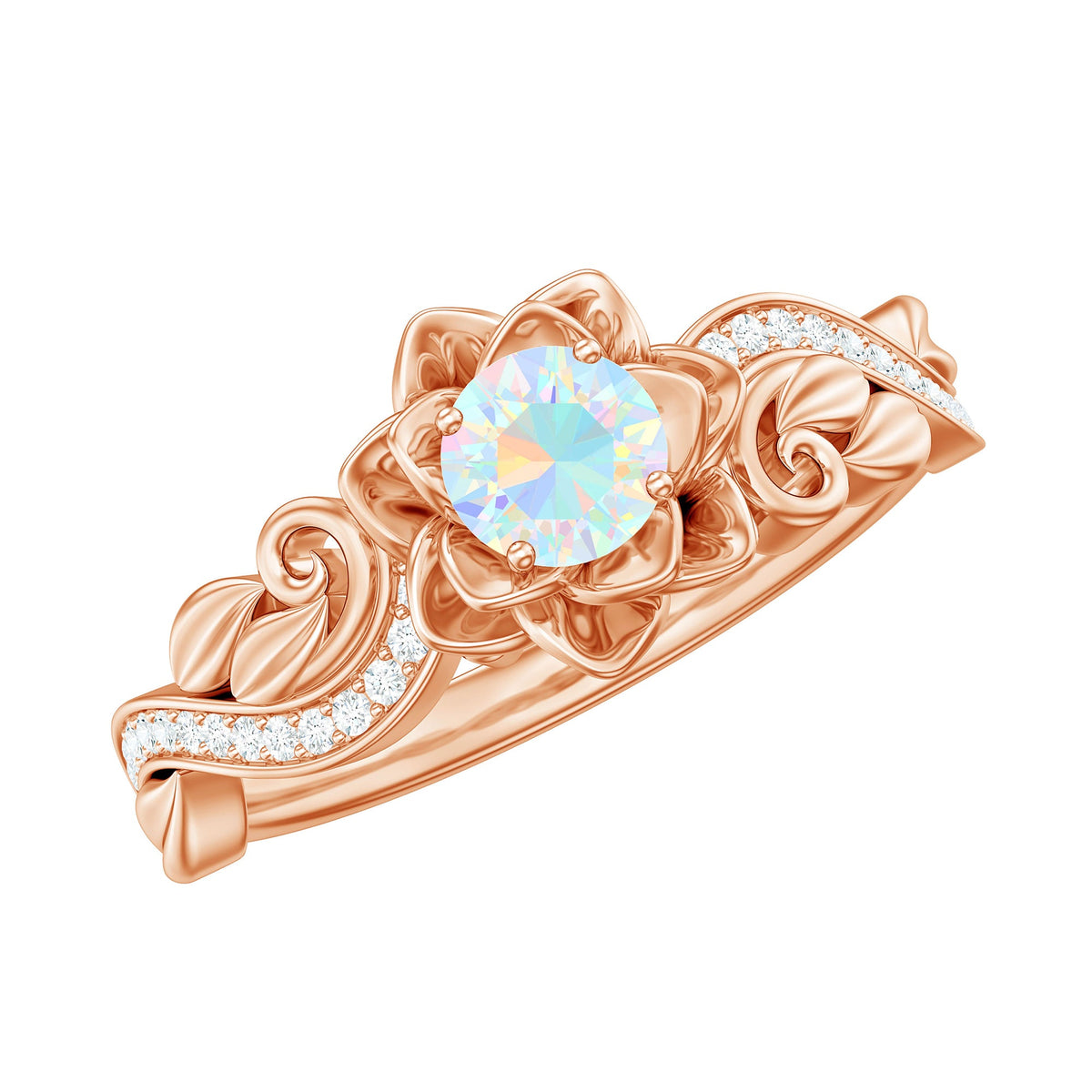 Genuine Ethiopian Opal flower engagement ring with real diamond setting, featuring intricate design and sparkling gemstones.